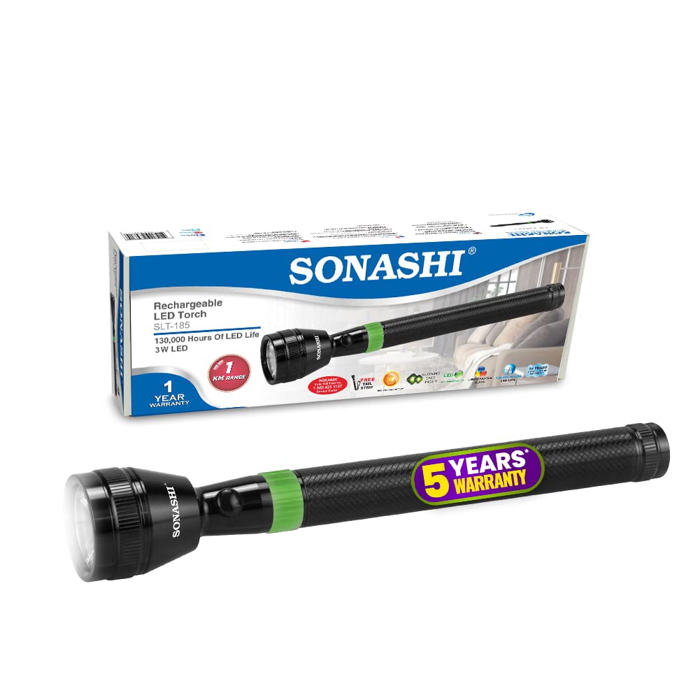 Sonashi High Power Rechargeable Torch Flashlight SLT-185,Black, 1 Kilometer Long Distance Beam Range 3Watt Ultra Bright Led Light with 5 Year Warranty On Led Bulb (B09VT2DCYC) Amazon Price History, Amazon Price Tracker
