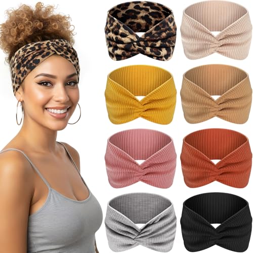 Kavya 8 Pezzi Fascia per Capelli Donna, Elastico Morbido Largo Boho, Bandana Multicolore per Yoga e Sport (Stampa leopardata gialla)