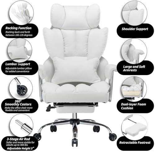 Image of Efomao Big and Tall Office Chair 400lbs - High Back Executive Chair with Swivel Base, PU Leather Upholstery, Lumbar Pillow, Padded Armrests, and Rolling Wheels,White Computer Chair