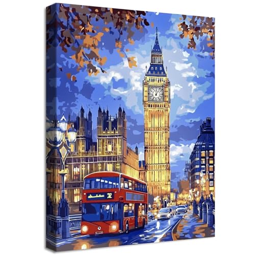 Cadre en Bois Impression sur Toile Quatre Ville de Londres Big Ben Tableau Image sur Toile Affiche Vue d'un Bus Rouge Tableau Decoration Murale Chambre Coucher Salle de...