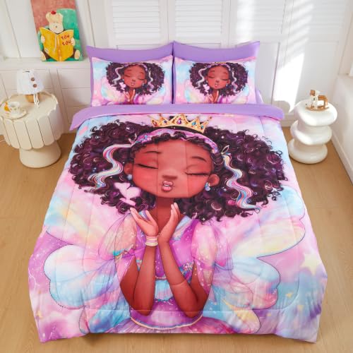Image of Twin Comforter Set for Girls 5 Piece Black Girl Bedding Set for Girls, Super Soft Microfiber Bed Set African American Princess Bed in a Bag with Comforter Sheets Pillowcase & Sham