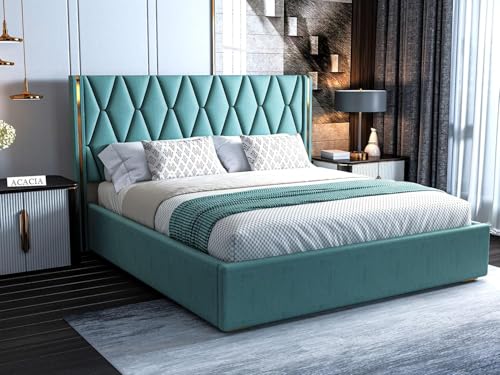 Image of Acacia Modern Upholstered Queen Size Bed with Hydraulic Storage for Bedroom | Wooden Furniture Double Beds for Home & Hotels | Platform Cot Bed with Upholstery Fabric, 6.5 x 5 Ft, Sheesham Wood, Green