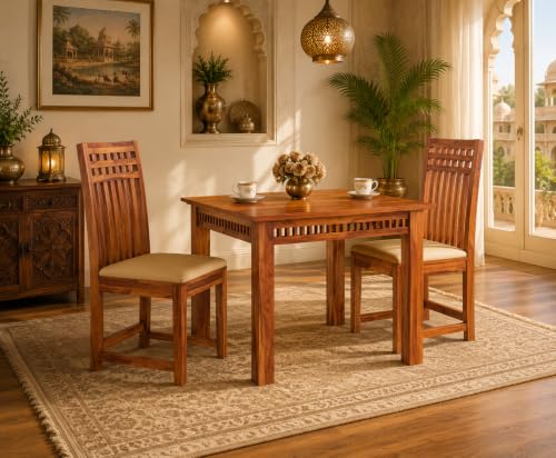 Image of Sheesham Wood 2 Seater Dining Table with Cushion Chair 2 Seater Wooden Dining Room Set Dinner Table Furniture for Living Room Home Restaurant 32x32x29 inch