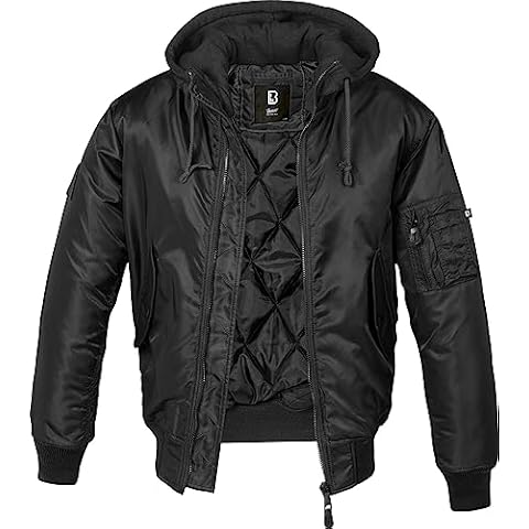 Brandit Individual Wear Men's MA1 Wind/Water-Resistant Casual Outdoor Hooded Bomber Jacket with Warm Lining & Knitted Collar, Black, XX-Large Cover