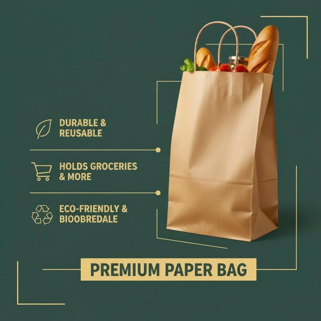 KHAANA PACKAGING Brown Paper Carry Bags with Handles 13x10x11 Inch Heavy Duty Kraft, Eco Friendly Recyclable Grocery Shopping Gift Bags, Wedding Party Favor Retail Merchandise Bags (Pack of 10) 2
