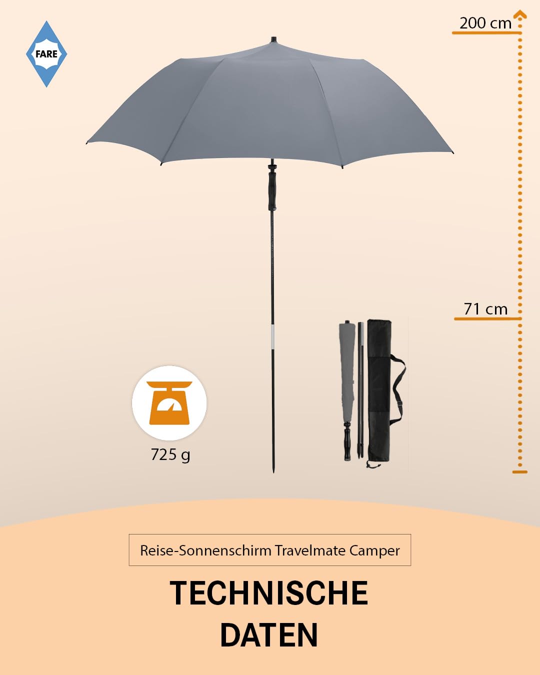 FARE Ombrellone da Viaggio Travelmate Camper - Protezione UV 50+ per Valigie, Campeggio, Balcone, Spiaggia, Giardino - Grigio, Piccolo, Ideale per i Viaggi