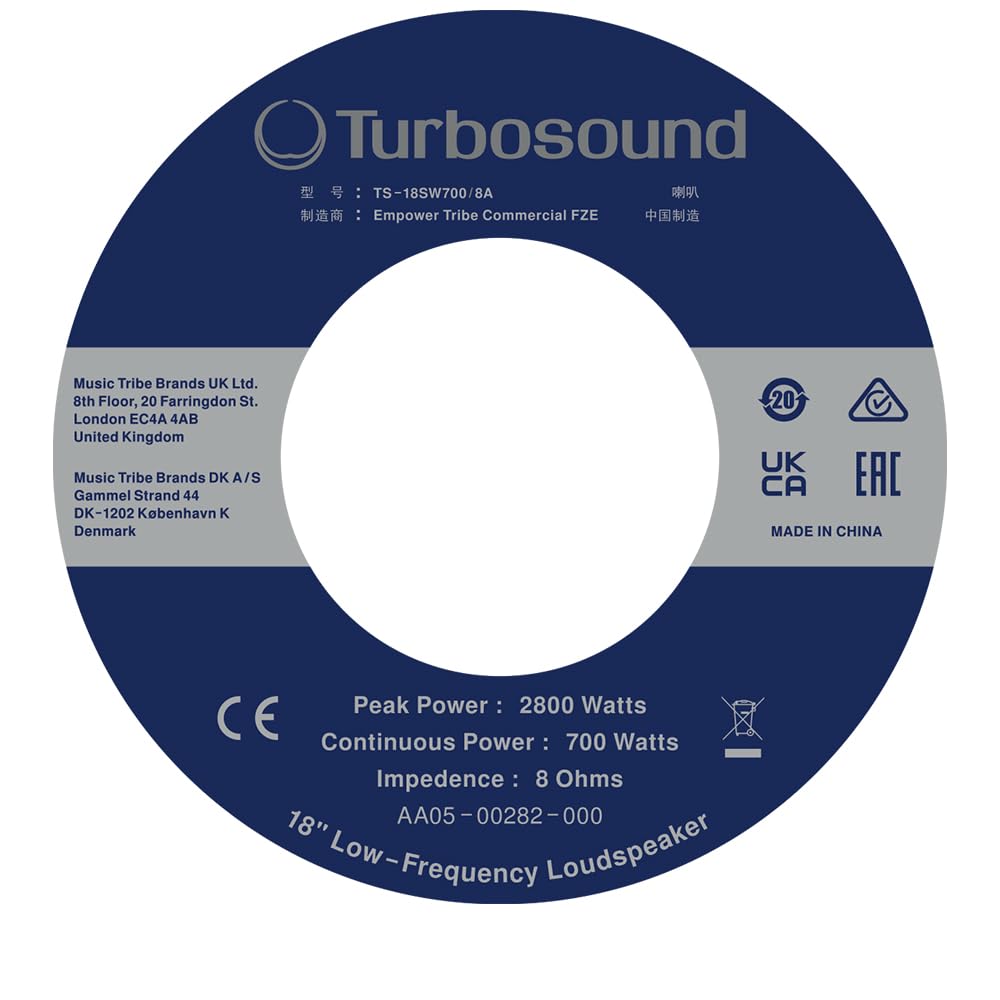 TURBOSOUND TS-18SW700/8A Haut-Parleur Basse fréquence 700 W 45,7 cm pour Applications de sonorisation