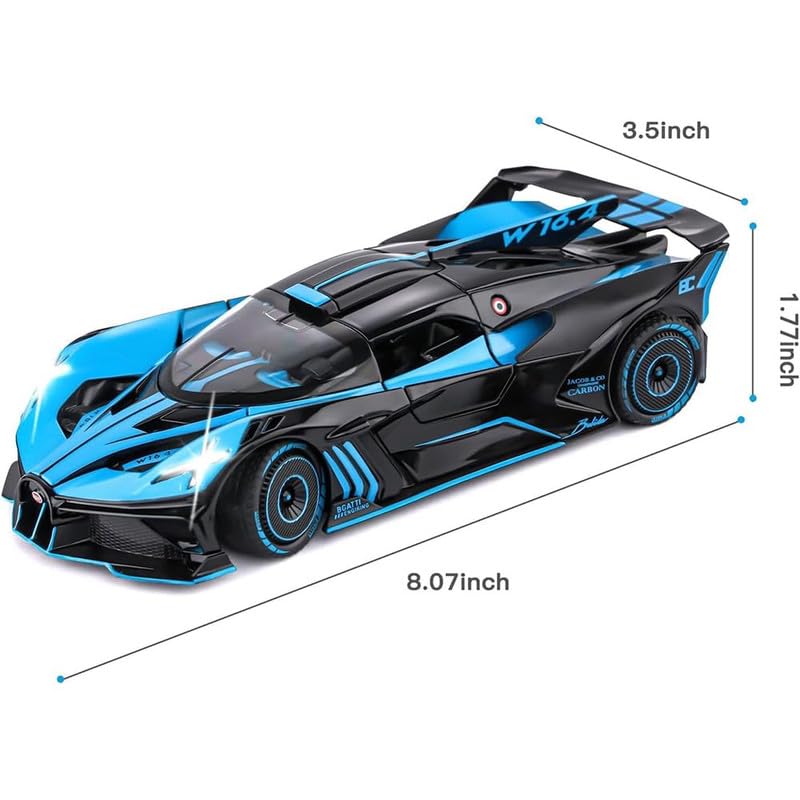 Image of Kids Model 1:24 Big Bugadi Bolide Die Cast Metal Car Pull Back Action Opening Doors with Realistic Engine Sound Lights Toy Car Gift for Boys - Blue