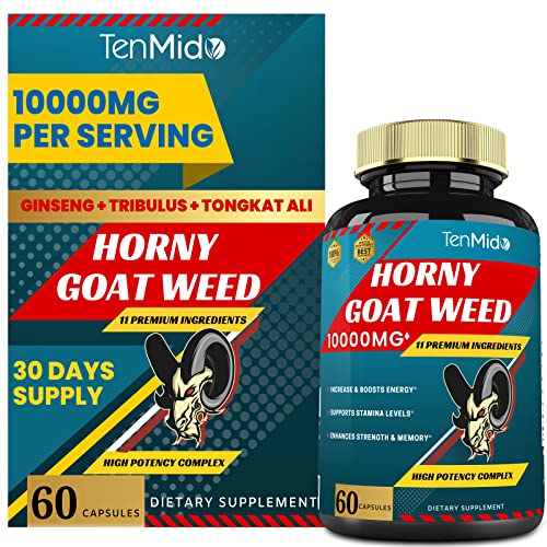 Horny Goat Weed Extract Capsules 10000mg & Ginseng, Tribulus, Ashwagandha, Maca, Tongkat and More|Build Muscle, Performance Booster, Memory Support | Enhanced Energy Stamina for Men & Women, 60caps