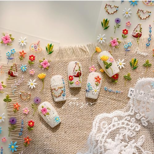 Image of Flower Nail Art Stickers Colorful Floral Nail Stickers Leaf Plant with Design 5D Embossed Self Adhesive Nails Decals Charms for Women Manicure Decoration Accessories 1 Sheets