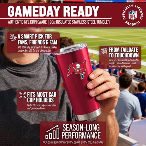 Image of Tampa Bay Buccaneers NFL 20oz Stainless Steel Insulated Tumbler, Slider Lid | Officially licensed Buccaneers drinkware; double-wall vacuum construction; cupholder compatible; BPA-free; hand wash only