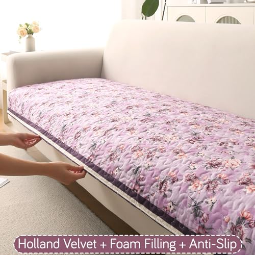 Image of HOKIPO 'Florentina Series' Foam Filled Premium Holland Velvet Sofa Cover Mat for 3 Seater Sofa with Anti-Slip Backing, Peony Lavender (IN-881-V6)