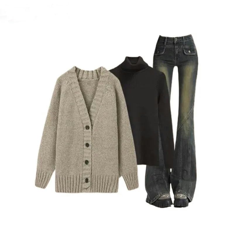 Inverno Delle Donne Coreano Coreano Elegante Maglia Cardigan Cappotto+Collo Alto Maglione+Jeans Tre Pezzi Femminile Suit