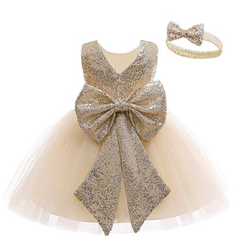 JieJieko Baby Dress Bowknot Wedding Party Birthday Pageant Sequin Gowns Flower Dresses with Headwear Champagne