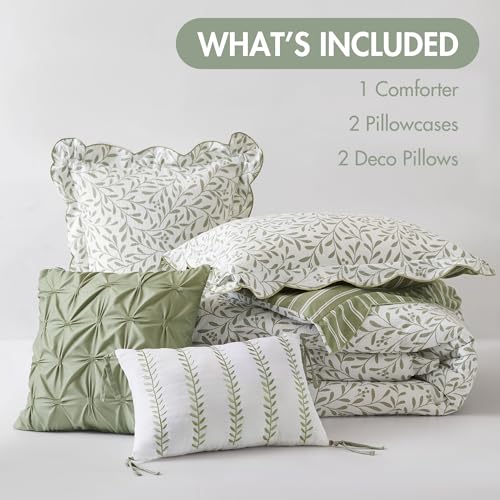 Image of Madison Park Reversible Botanical Comforter Set, 5PC Queen Bedding Set | Summer Floral Print Bed Set with Scalloped Edges, Lightweight Bedding with Decorative Pillows, Sage Green