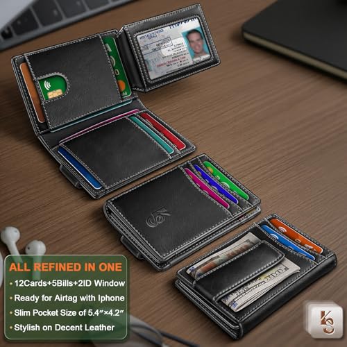 KEMISANT Men Wallet, Slim Leather Wallet Money Clip Magnetic Closure ID Windows 14Cards RFID Blocking2