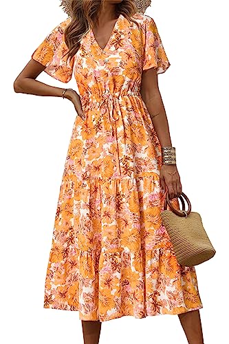 PRETTYGARDEN Summer Floral Dress for Women 2025 Casual Boho Short Sleeve Maxi Dresses V Neck Tiered Flowy Beach Sundress