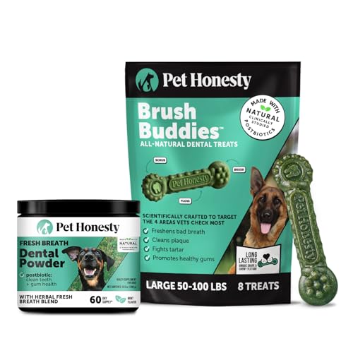 Image of Pet Honesty Dog Dental Care Virtual Bundle - Breath Freshener Dental Powder for Large Dogs (60 Servings) + Brush Buddies Dental Sticks for Large Dogs (8 Ct) - Teeth Cleaning, Plaque & Breath Support