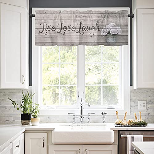 Valances Curtains For Living Room Live Love Laugh Hydrangea Flower Retro Wood Wood Texture Valance For Windows Rod Pocket Short Window Treatment Decor Curtains Light Filtering Kitchen Valance 54"X18" #TOP1