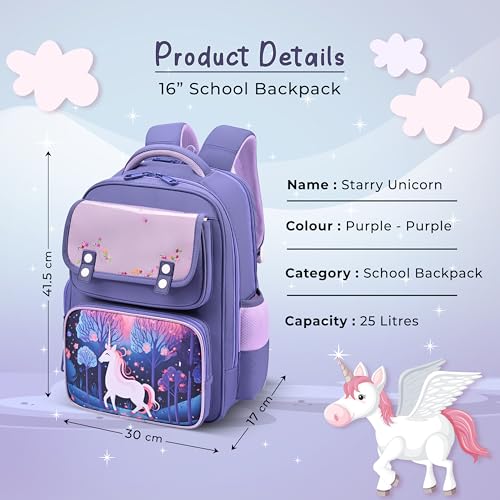 Image of Gear Starry Unicorn 16 inch /25L Medium Water Resistant School Bag | Casual Backpack | Daypack | Travel Backpack | Kids Bag for Boys /Girls (Purple - Purple)