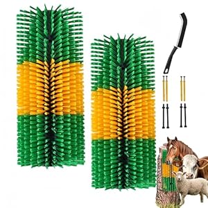 Livestock Scratching Brush,2pcs Scratcher Brush Post with Cleaning Brush,Grooming and Massage Brush for Goat Horse Cow, Animals Back Scratching Itch Brush