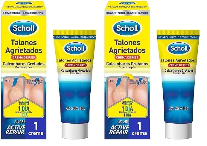 Scholl Crema Reparadora para Talones Agrietados   Hidratación Intensiva con Urea 25% y Active Repair K+   Resultados Visibles en 1 Día   60ml (Paquete de 2)