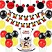 JOYMEMO Decorazioni di Compleanno di Topolino, Palline a Nido d'Ape in Carta Rossa Topo Cartone Animato Nero, Striscioni di Buon Compleanno, Cake Topper per Topolino Party a Tema