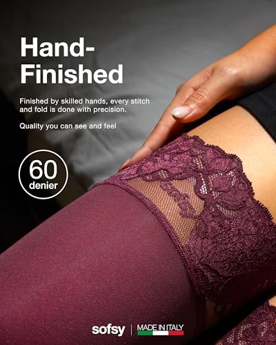Image of sofsy 100% OEKO-TEX Certified - Italian Women's Opaque Thigh High Stockings | Ultra Soft Dual Silicone Lace Top Stay Ups