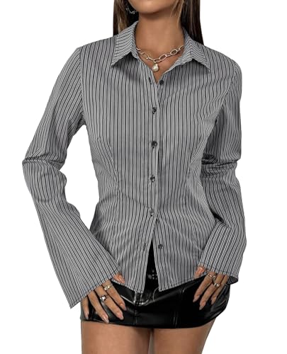 Striped Button Down Shirts for Women Dress Shirt Slim Fit Long Sleeve Casual Collared Work Blouse Y2K Fall Outfits3