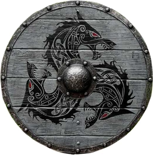 Scudo vichingo medievale Fenrir grigio lupo scudo autentico Bettleworn Viking Battle Ready Shield fatto a mano scudo guerriero scudo completamente funzionale per combattimento 61 cm di diametro