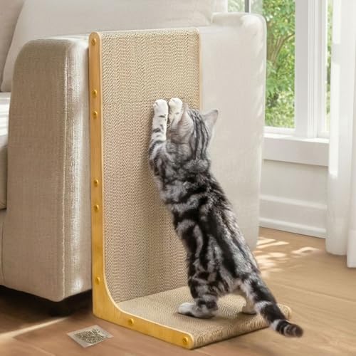 Cardboard Cat Scratcher, 23" L-Shaped Scratch Pad, Vertical Wall-...