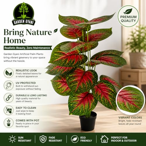 Image of Artificial Red Monstera Plant with Black Pot - 26 Inch (66 cm) Tall Faux Tropical Decorative Plant for Home, Office, Balcony & Living Room Decor