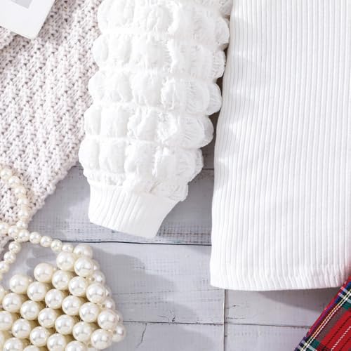 Image of Noubeau Toddler Girls Plaid Outfits Girls Puff Sleeve Knit Ribbed Shirt Tops Plaid Skirt Set Kids Fall Winter Clothes