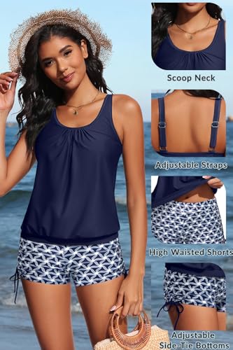 Image of Yonique Blouson Tankini Swimsuits for Women 2 Piece Bathing Suits Tops with Boyshorts Modest Loose Fit Swimwear