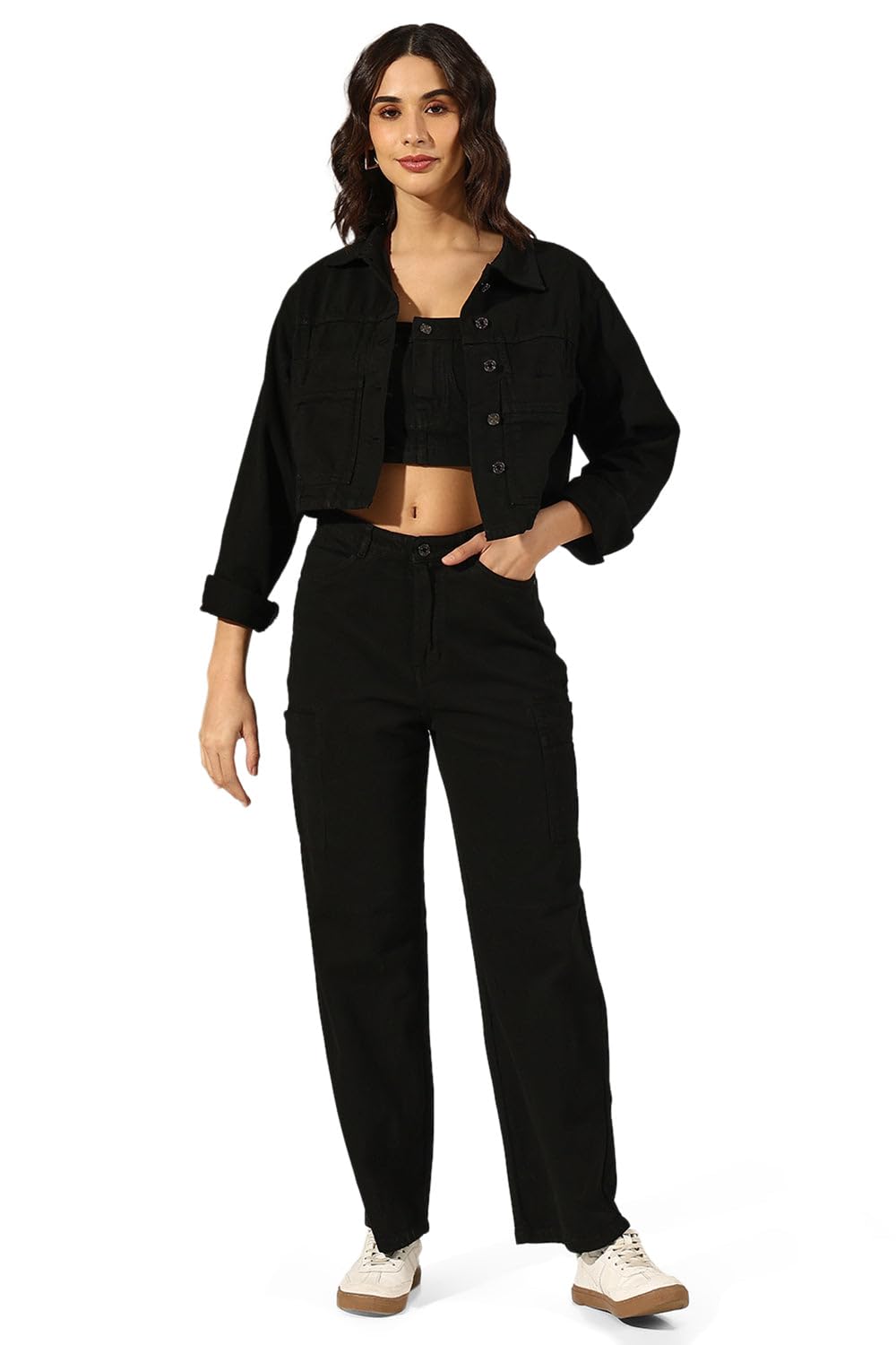 Edition Women's Black Denim Bustier Top and Jeans with Jacket Co-Ord Set-IM-11614-15-13_Black-P-image-1
