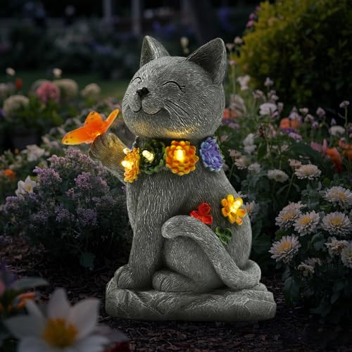 Oneirion Solar Cat Garden Statue - 7 LED Lights with Flowers & Butterfly Yard Art, Lawn Porch Outdoor Decor, Gift for Mom, Grandma & Women