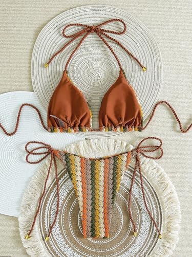 Image of ZAFUL 2 Piece Triangle Bikini for Women Knitted Rope Halter Bikini Sets Sexy Bathing Suit Side Tie Swimsuits Beachwear