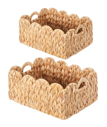Image of Scalloped Basket Wicker & Rattan Storage Basket with Built-in Handles, Large Woven Water Hyacinth for Nursery & Bathroom Organization 2 Pack