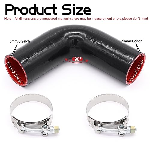 Image of 90 Degree ID 2.25inch(57mm) Elbow Coupler Silicone Hose 4-Ply with 2PCS Stainless Steel T-Bolt Clamp