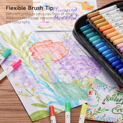 Image of Shuttle Art Dual Tip Brush Marker Pens, 105 Colors Fine and Brush Tip Markers Set in Portable Case with 1 Coloring Book for Kids, Water-based Ink Adult Artist Coloring Calligraphy Journal Doodling