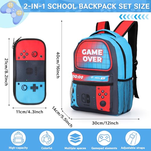 Gaming School Backpack for Boys - 16 Inch Gamer School Backpack With Pencil Case for Kids Children Elementary Middle School, Large Capacity Video Game Schoolbag for Kids School Stationery Supplies2