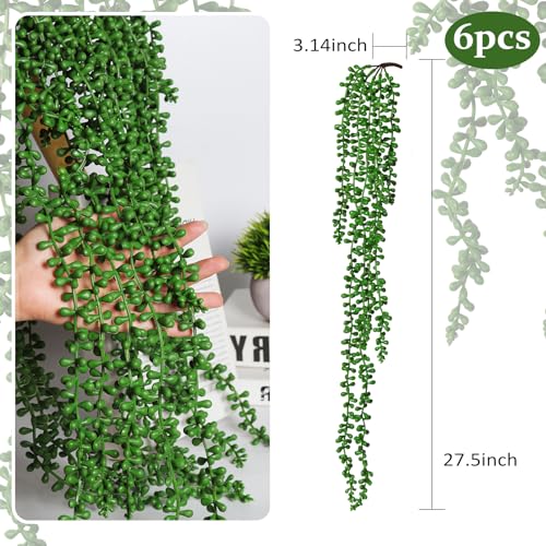 Image of RECUTMS 6pcs Artificial Hanging Succulents Fake String of Pearls Plant Faux Greenery Wall Plants for Spring Summer Indoor Outdoor Home Bedroom Patio Garden Wedding Graduation Party Decor