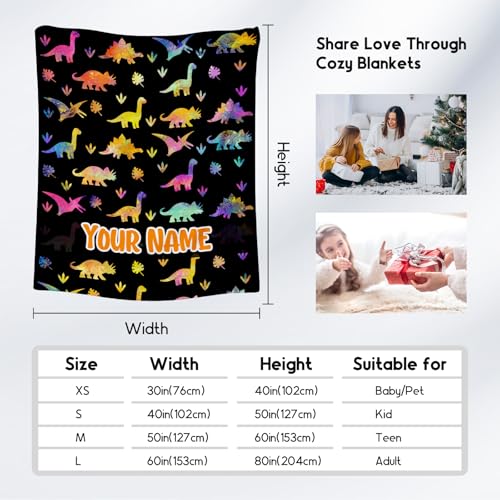 Custom Dinosaur Blanket with Name - 50x60 Inches Cute Throw for Boys - Black Soft Fuzzy Blankets for Couch & Office