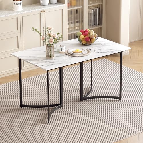 Winmores Mesa de comedor moderna con efecto mármol blanco y patas curvas, patas ajustables para comedor y cocina (blanco+negro)