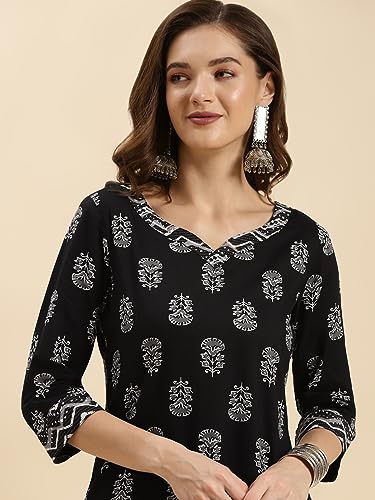 Image of rangita Black Cotton Printed Straight Kurta with Pant | Kurta Set for Women
