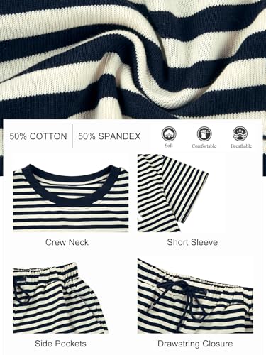 Image of QLIPIN Striped Two Piece Set for Women 2 Piece Lounge Sets Summer Outfits Stripes Shirt and Shorts Set