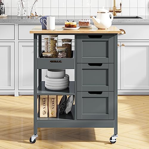 image for YITAHOME Small Solid Wood Top Kitchen Island Cart on Wheels with Stora