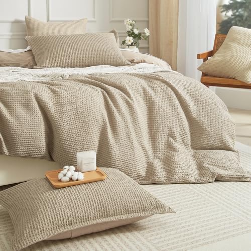 SE SOFTEXLY Waffle Duvet Cover King, 100% Cotton Waffle Weave Bedding Duvet Cover Set, Soft and Breathable Comforter Cover for All Season, 3 Pieces Including Pillow Shams(Khaki, 104”x90”)