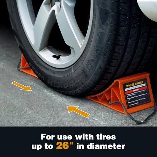 Image of Wheel Chocks, 4 PACK Heavy Duty Wheel Chocks for Car with Rope for Easy Removal, Durable, Non-Slip, Hard Plastic Tire Stopper Blocks for RV, Camper, Trailer, Effective in Keeping Your Vehicle in Place