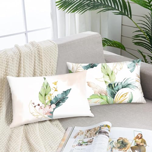 Bonhause Housse de Coussin Feuilles Tropicales 30 x 50 cm Feuille Verte et Rose Décoratif Taie d'oreiller pour Canapé Salon Chambre Chaise Jardin Maison...